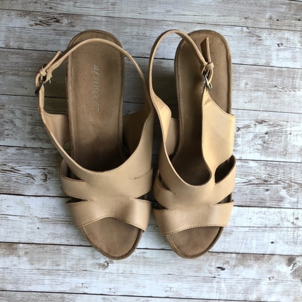 Aerosoles Beige Faux Leather Cork Wedge Sandal